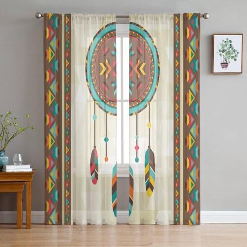 Indian Feather Ethnic Illustration Tulle Curtains For Living Room Bedroom Transparent Tulle Curtains Window Drapes Sheer Curtain
