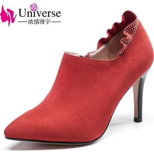 Universe super high heel kid suede women pumps elegant black red color pointed toe thin heel ladies dress shoes G211