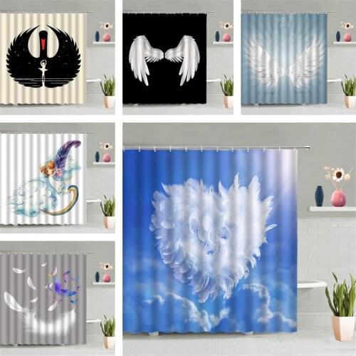 White Bird Love Heart Feather Shower Curtain Animal Wing Plume Blue Sky Cloud Scenery Bathroom Screen Decor Hanging Curtains Set
