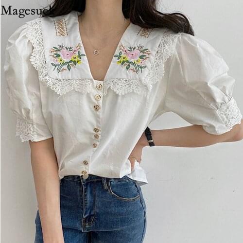 Korean Summer Puff Short Sleeve Blouse Women 2021 Embroidered Flowers Sweet Hollow White Tops New Button Up Slim Shirt 14382