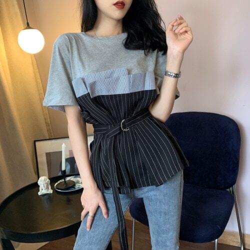 2020 Summer O-neck Top Tees Women Striped Patchwork Fake Two Pieces T Shirts Short Sleeve Belt Slim Waist T-shirt