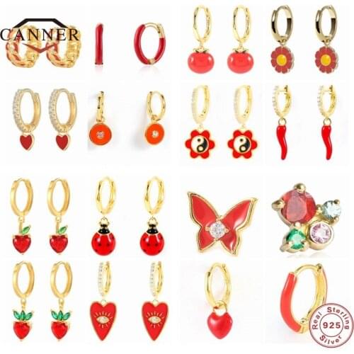 CANNER 925 Sterling Silver Red Zircon Ear Hoop Earrings for Women Men Apple Strawberry Piercing Huggie Round Earings Jewelry