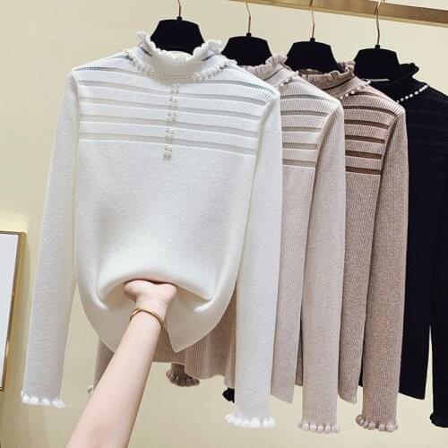 2021 Womens Sweaters Pullovers Pearls Autumn Winter Knitted Solid Casual Female Ruffle Long Sleeve Sweater