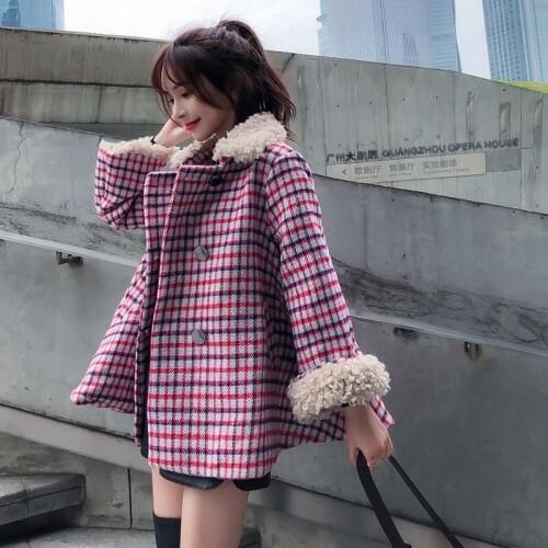 Womens Plaid Cloak Coat Autumn and Winter New Lamb Fur Collar Loose Thickening High Joker Warm Wool Jacket TB181126