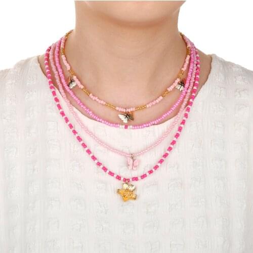 Multilayer Beaded Pendant Necklace Set For Women Fashion Bohemian Handmade Butterfly Star Shell Short Collar Necklace Party Gift