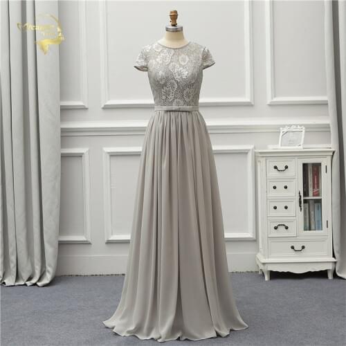 Jeanne Love Formal Evening Dress Lace Chiffon Short Sleeves Elegant Grey Party Gowns Robe De Soiree Vestido De Festa OL5225 Prom