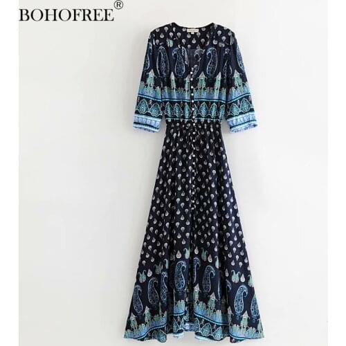 Spring 2020 Women New Casual Dress Lady Bohemian Style China Embroidery High waist V-neck Button Long Dress Vestido