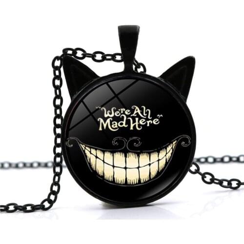 2021 New Fashion Alice Adventures In Wonderland Necklace Cheshire Cat Pendant Glass Cabochon Necklace We're All Mad Here Jewelry