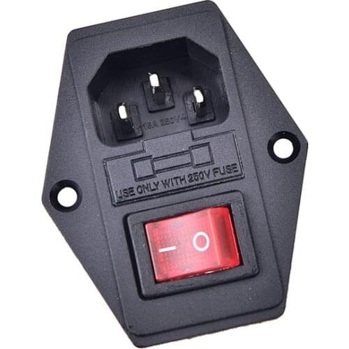 10A 250VAC 3 Pin Iec320 C14 Inlet Connector Plug Power Socket With Red Lamp Rocker Switch 10A Fuse Holder Socket Male Connector