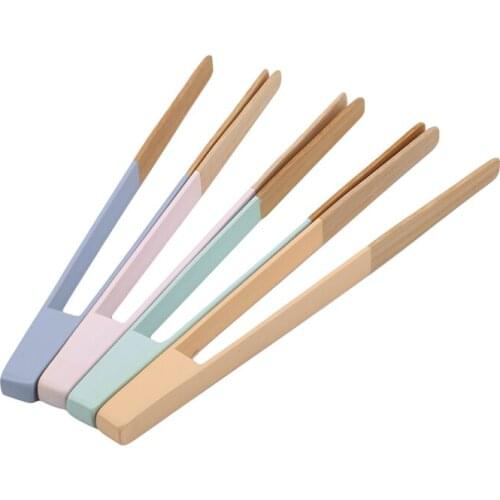 Blue Yellow Pink Bamboo Cooking Kitchen Tongs Food BBQ Tool Salad Bacon Steak Bread Cake Wooden Clip Home Kitchen Utensil