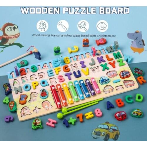 Wooden Logarithmic Board Puzzle Fishing Alpha Numeric Magnetic Matching Busy Board Building Block Montessori Educational Toys