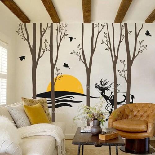 Jungle Forest Trees Deer Sunset Wall Stickers Kids Baby Nursery Rooms Bedroom DIY Wall Decals Home Decor Murals Wallpaper LL2050