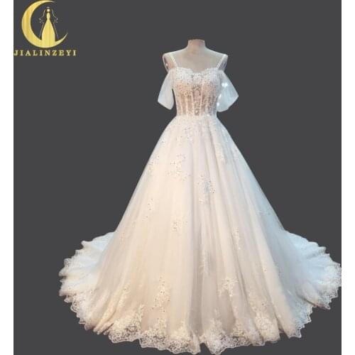 JIALINZEYI Sexy Boat Neck Lace Appliques Beads A-line Real Pictures Bridal Wedding Dresses Wedding Gown