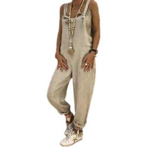 Women Cotton Linen Sleeveless Overalls Strappy Jumpsuit Wide Leg Baggy Jumpsuit Bib Casual Loose Suspender Trousers with Pockets