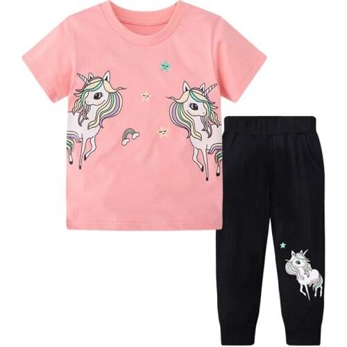 27kids Children Summer Suit Girls Shorts and T-shirt Trousers Pants Cute Pink Unicorn Cartoon Partern Casual Cothes 2-7Years