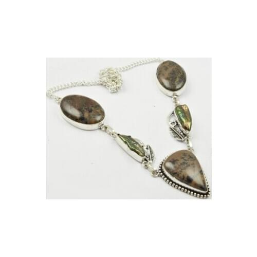 Honey Dendrite Opal & Biwa Pearls Necklace Silver Overlay over Copper, 51 cm, N2334