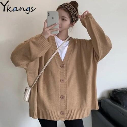 V-neck Solid Korean Single Breasted Cardigan Sweater Women High Waist Long Sleeve Knit Casual Harajuku Loose Chic Sweater Female