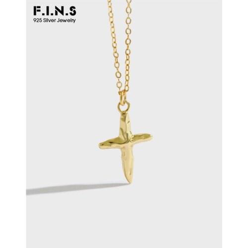 F.I.N.S Religious Style S925 Sterling Silver Necklace INS Korean Two-tone Irregular Concave Cross Female Necklace Clavicle Chain