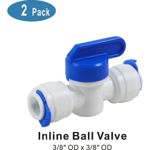 Straight Inline Ball Valve Fitting 3/8" OD x 3/8" OD Quick Connect Parts for Water Filters & Reverse Osmosis RO Systems - 2 PACK