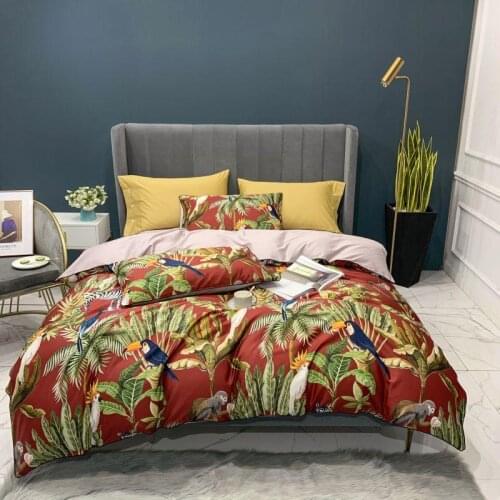 Peacock Red Bedding Set Luxury Egyptian Cotton Bedding Set Queen King Bright Flamingo Leaf Duvet Cover Bed Sheet Set Fitted