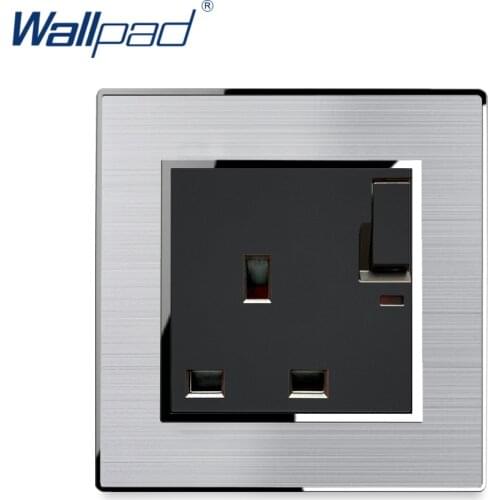 Switched UK 3 Pin Socket With LED Indicator Wallpad Stainless Steel Panel With Silver Border Wall Socket 13A AC110-250V