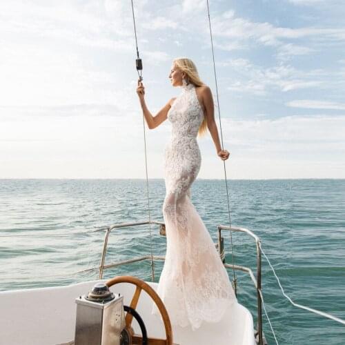 Sexy Halter Applique Lace Beadings Mermaid Wedding Dresses Sleeveless Tulle Sweep Train robe de mariee Trumpet Bride Dress