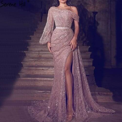 Serene Hill Pink One Shoulder Evening Dress 2021 Dubai Flowers Pearls Mermaid Sexy Women Formal Party Wear Gown CLA70710