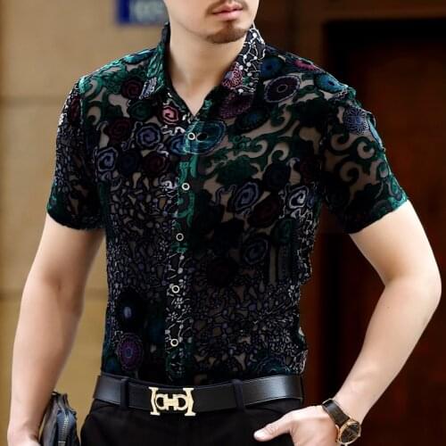 Flloral Silk Vevlet Shirt See Through Summer Short Sleeve Male Shirt Camisa Social Masculina Chemise Homme 4xl Mens Velvet Shirt