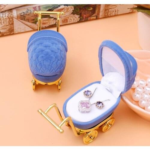 DoreenBeads Jewelry Boxes Gift Packing Display Plastic Velvet Baby Carriage Shaped Dark Blue Color Wholesale 8.6x3.4cm 1 Piece