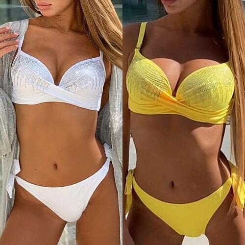 Sexy Yellow Push Up Bikini Swimwear 2022 Beach Female Swimsuit With Rhinestones Bathing Suit Solid Bikinis Set Beachwear Biquini