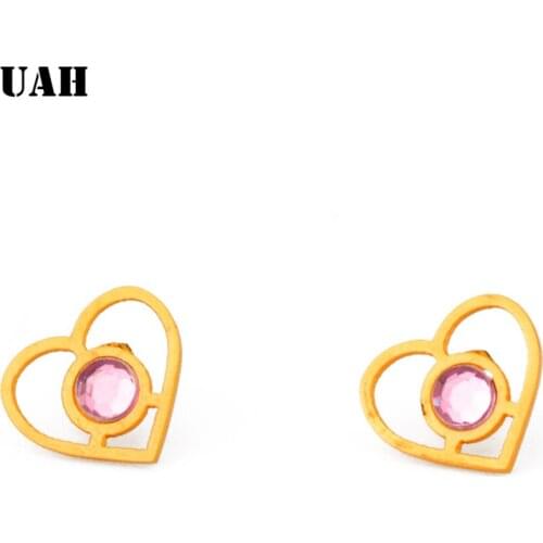 UAH Korean AAA+ Clear Cubic Zirconia Small Stud Earrings for Women Heart Round Stainless steel Earrings Fashion Jewelry