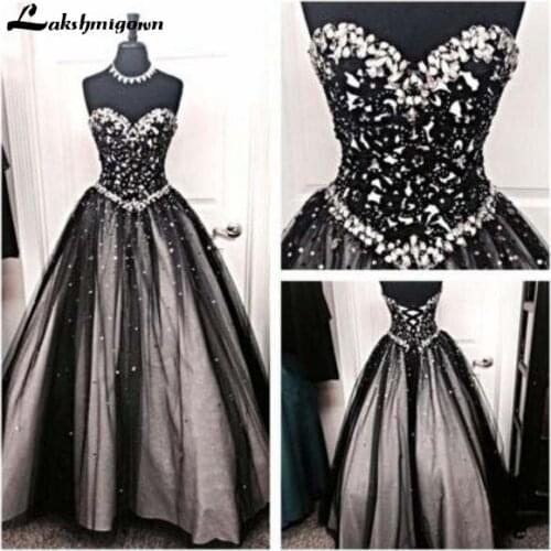 Vintage Black and White Wedding Dresses A Line Crystals Sweetheart Neck Long Floor Length Bridal Gowns Corset Back