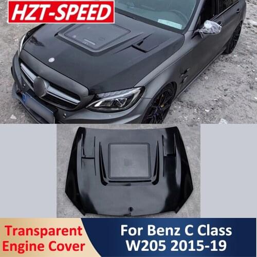 W205 Iron / FRP / Carbon Fiber Transparent Engine Bonnet Hood Cover For Benz W205 C200 C300 Coupe Car Styling Modify 2015-2019