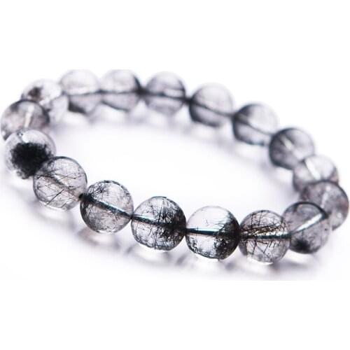 12mm Genuine Natural Black Rutilated Quartz Bracelets For Women Female Stretch Crystal Clear Round Bead Bracelet AAAA