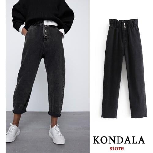 KONDALA Women Spring 2021 Chic Ruffles Trim Jeans Za Fashion Zipper Harme High Waist Pants Black Jeans Female Trousers