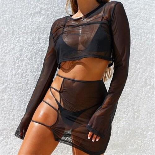 Lady Suits Evening Summer Party Ladies Clothing Women Sexy Hollow Out Fishing Net Sets Fashion Transparent Long Sleeve Skirt