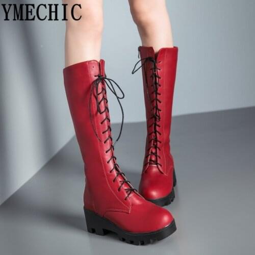 YMECHIC 2021 Red Plus Size Lace Up Mid Calf High Motorcycle Boots Women Fashion Cross Tied White Black Chunky Heel Woman Shoes