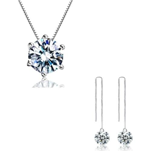 Simple 925 Sterling Silver Jewelry Set Round AAA Zircon Pendant Neckace+Earring For Women Long Tassel Gift choker collares kolye