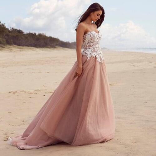Strapless Ivory Lace Applique Pink A-line Beach Wedding Dress Romance Tulle Bridal Dress Robe De Mariage
