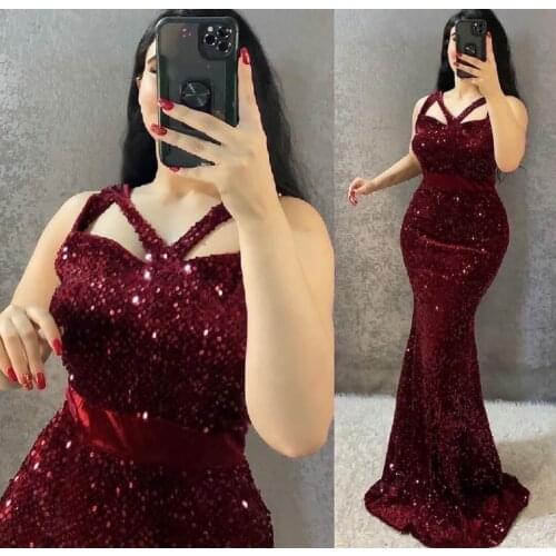 Vintage Long Sequin Mermaid Evening Dresses Burgundy Zipper Back Floor Length Abendkleid Robes de Soirée for Women