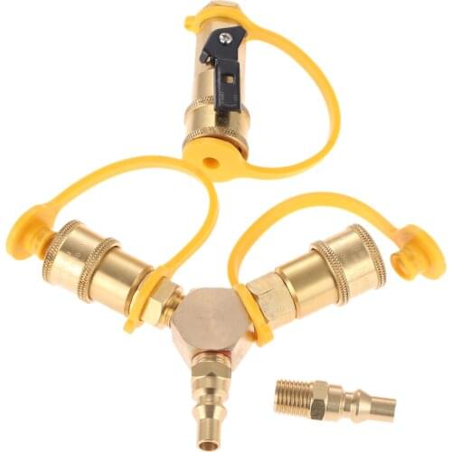 1/4'' RV Propane Quick Connect Y Splitter Adapter Shutoff Valve & Full Flow Male Plug For Gas Grill Fire Pit Gas Stoves