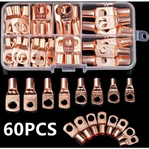 60Pcs SC6-25 Electrical Wire Lug Connector SC Ring Copper Connectors Bare Cable Electrical Wire Crimp Terminal Connector Kit