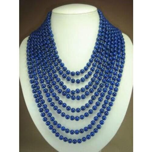 8 rows 6mm natural stone blue lapis lazuli round beads elegant women chain strand necklace charms jewelry 17-26inch BV201