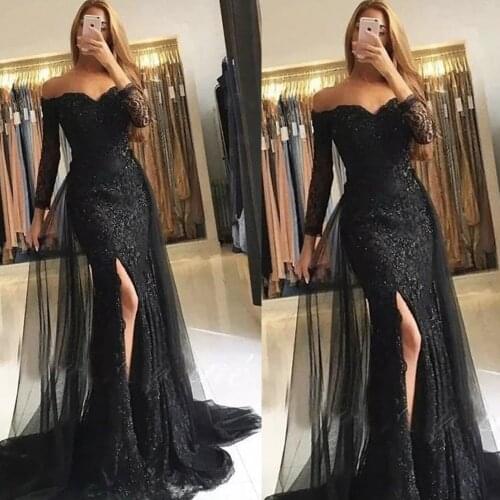 Black prom dresses 2021off the shoulder long sleeve lace detachable skirt floor length long evening dresses gowns