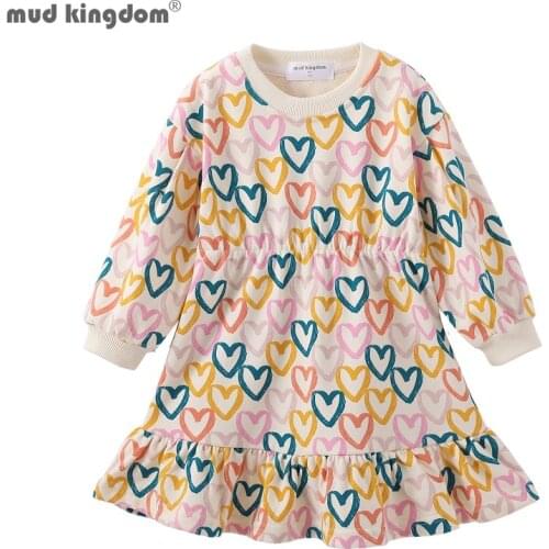 Mudkingdom Girls Dresses Love Heart Smocked Sweatshirt Dress Long Sleeve Colorful Kids Clothes O-Neck Pullover Children Dress
