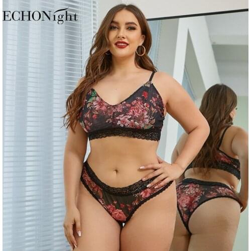 Echonight Plus Size Lingerie Bra Set Lace Underwear For Women Floral Lingerie Set 4XL Bra And Panty Set Sexy Bra Lenceria