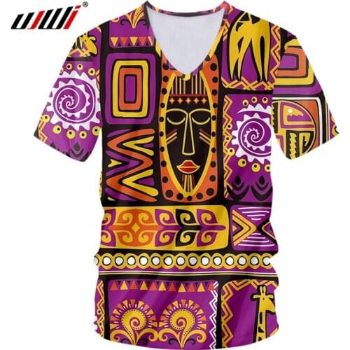 UJWI New Man 3d Tees High Quality Breathable Comfortable African Totem Print Short Sleeve V-neck Top Tshirt Fashion Flowers 5XL