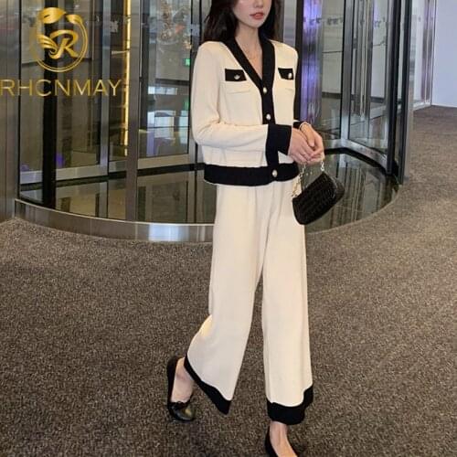 Fashion Designer Korean Elegant Knitted 2 Piece Pants Sets Suits Long Sleeve V-neck Tops + Wide Leg Pants Suits 2020 Spring Sets