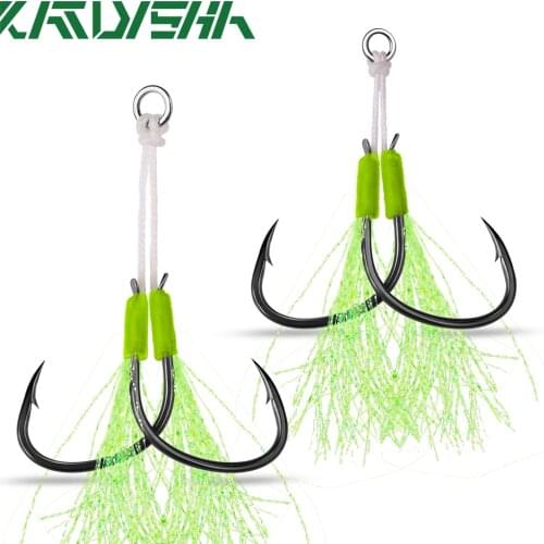 KATYUSHA 10Set Slow Jig Assist Hooks 1/0 2/0 3/0 4/0 Metal Jigging Double Hook Carbon Steel Double Fishhook with PE Line Feather