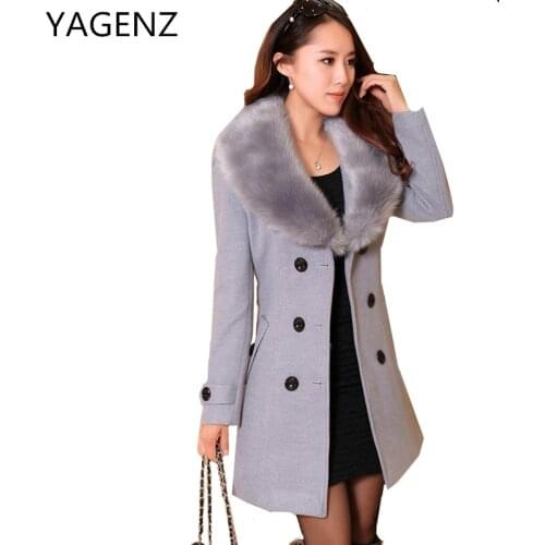 YAGENZ Woolen Winter Coat Women Clothing 2020 New Fashion Slim Fur Collar Female Jacket Matching Belt Double Breasted Matching
